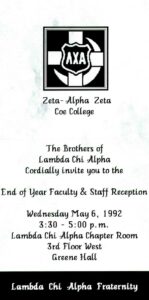 1992 Spring Faculty reception invite, inside