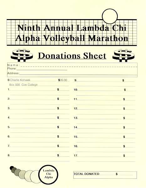 LCA 9th Annual Volleyball Marathon donation sheet