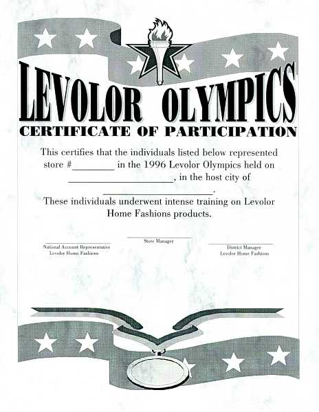 Levolor Olympics certificate