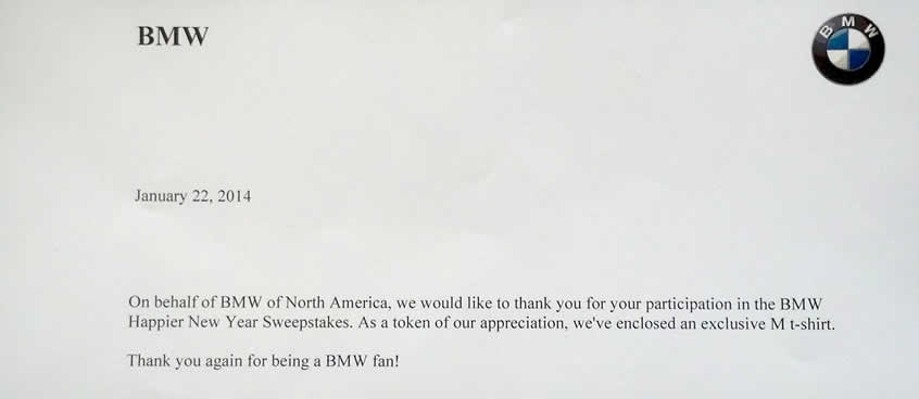 2013 BMW Happier New Year Sweepstakes participation letter